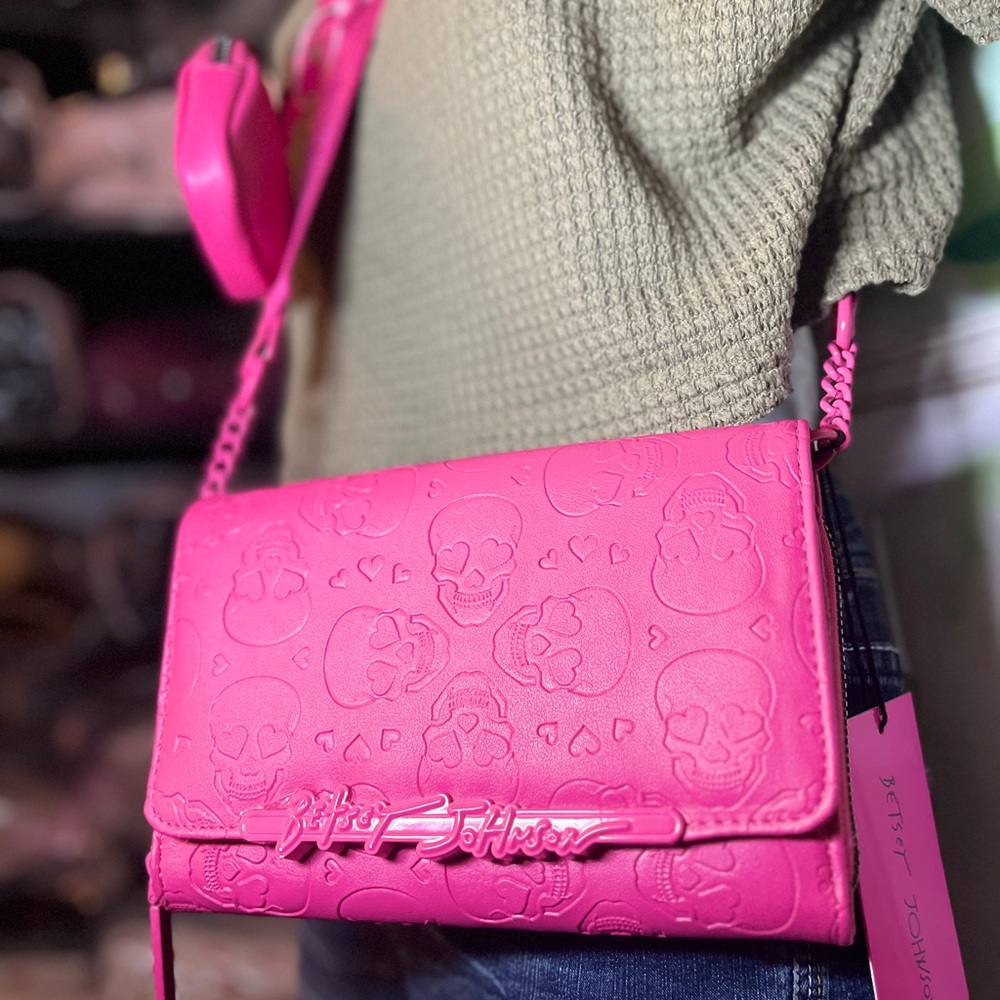 Betsey Johnson Pink Embossed Skulls Crossbody Bag XOLANDON Web Strap NWT